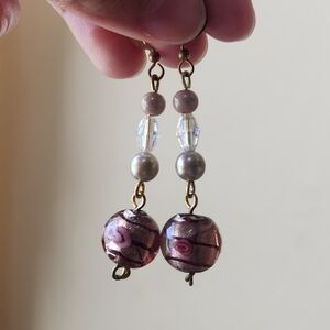 Handmade gold white and purple beaded earrings
